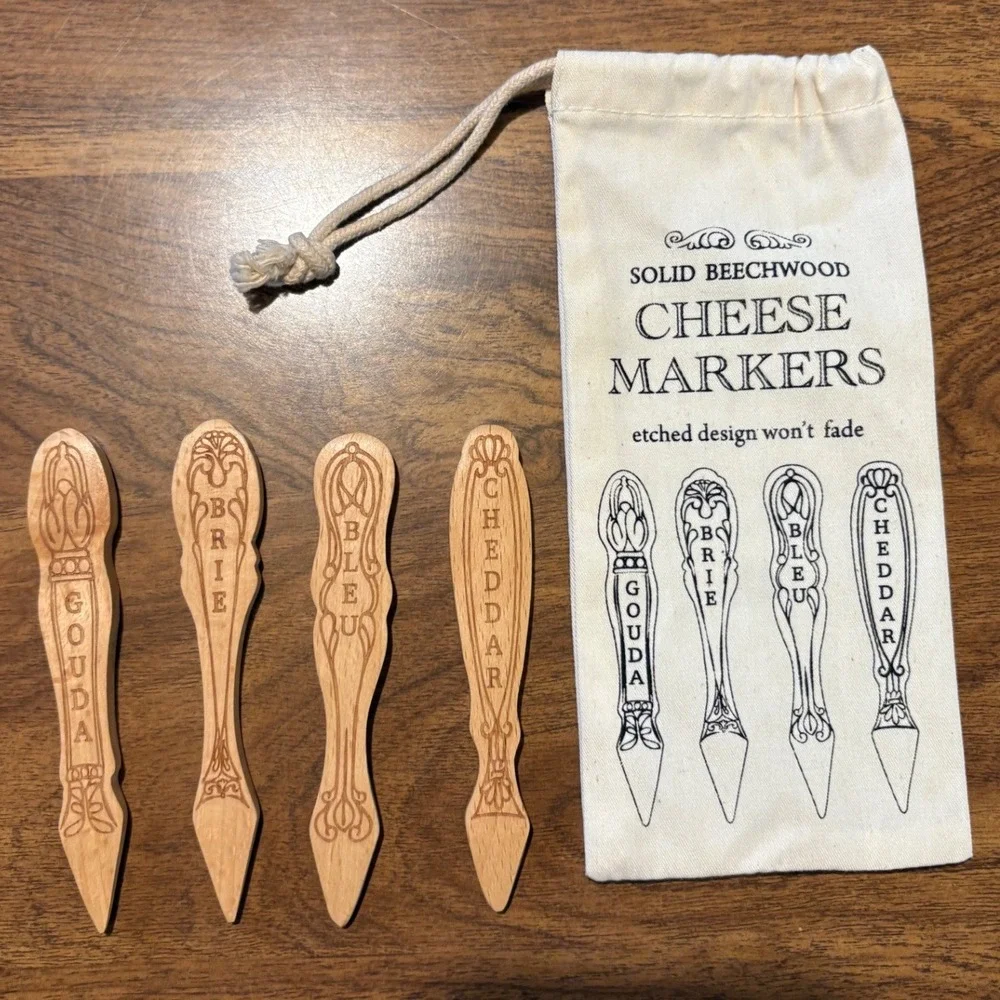 Solid Beechwood Cheese Markers Set of 4 with Storage Bag Gouda Brie Bleu Cheddar